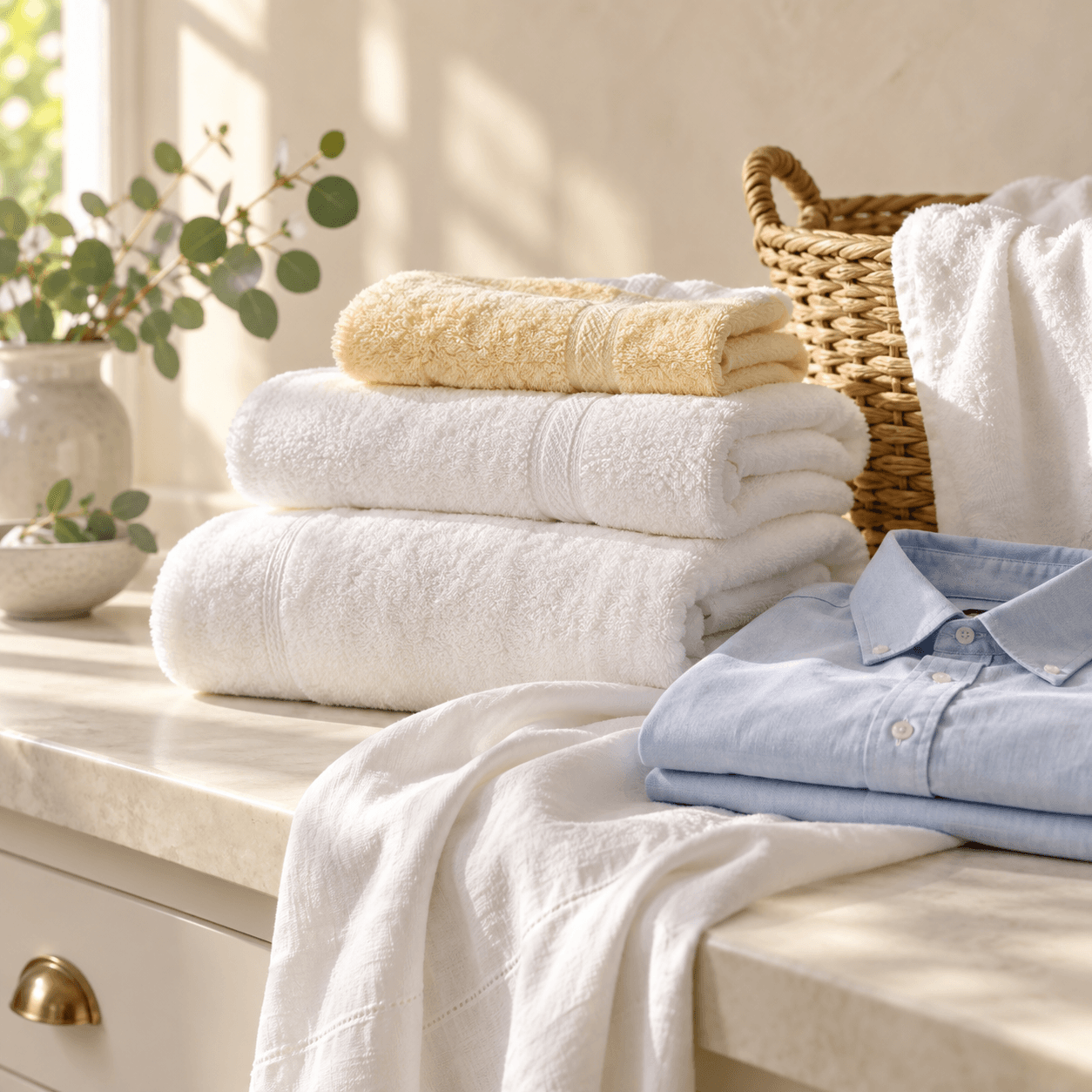 Fresh white and yellow towels, a blue shirt and a wicker laundry basket in warm sunlight